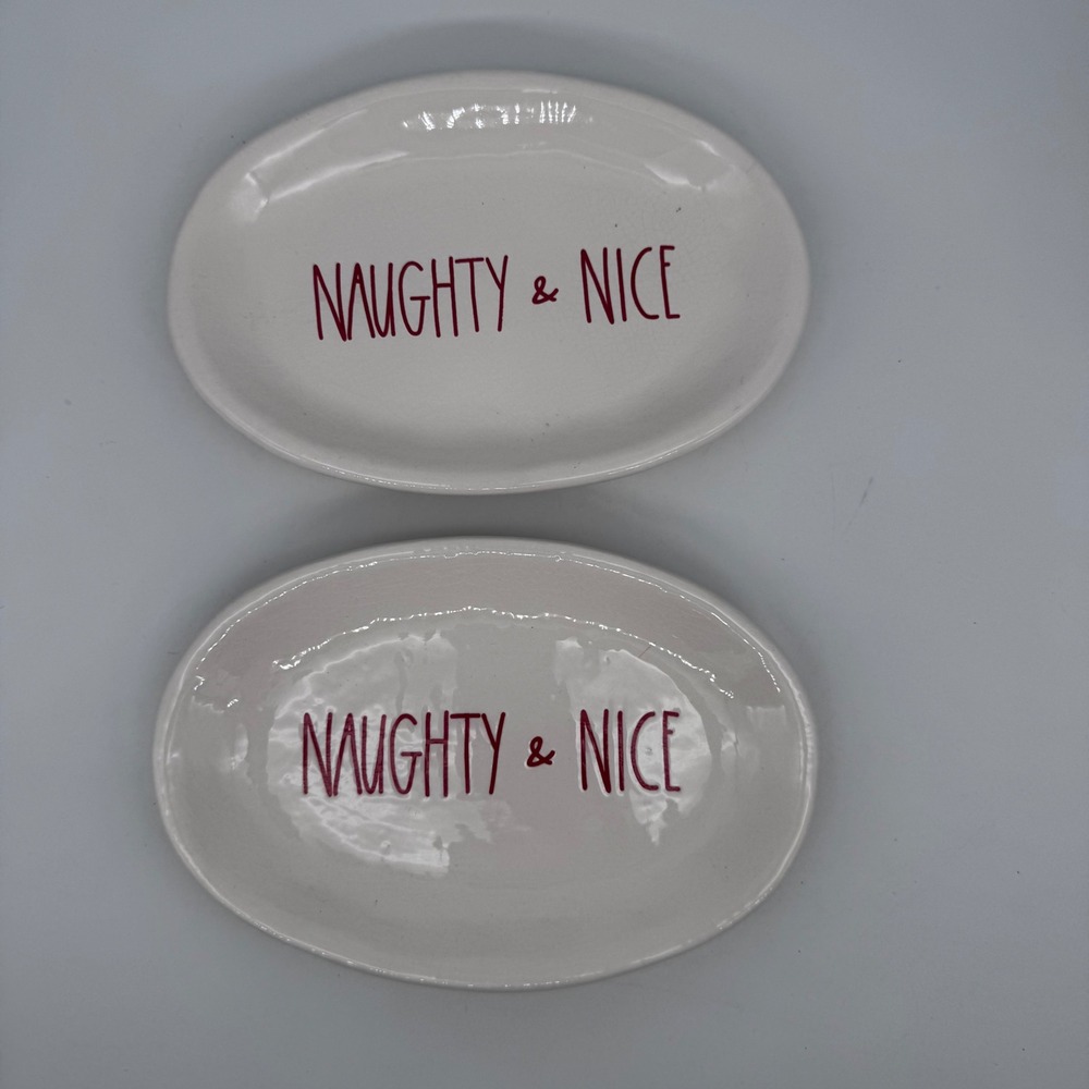 Rae Dunn Naughty & Nice Ceramic Christmas Plate Set of 2 White Red Holiday Decor